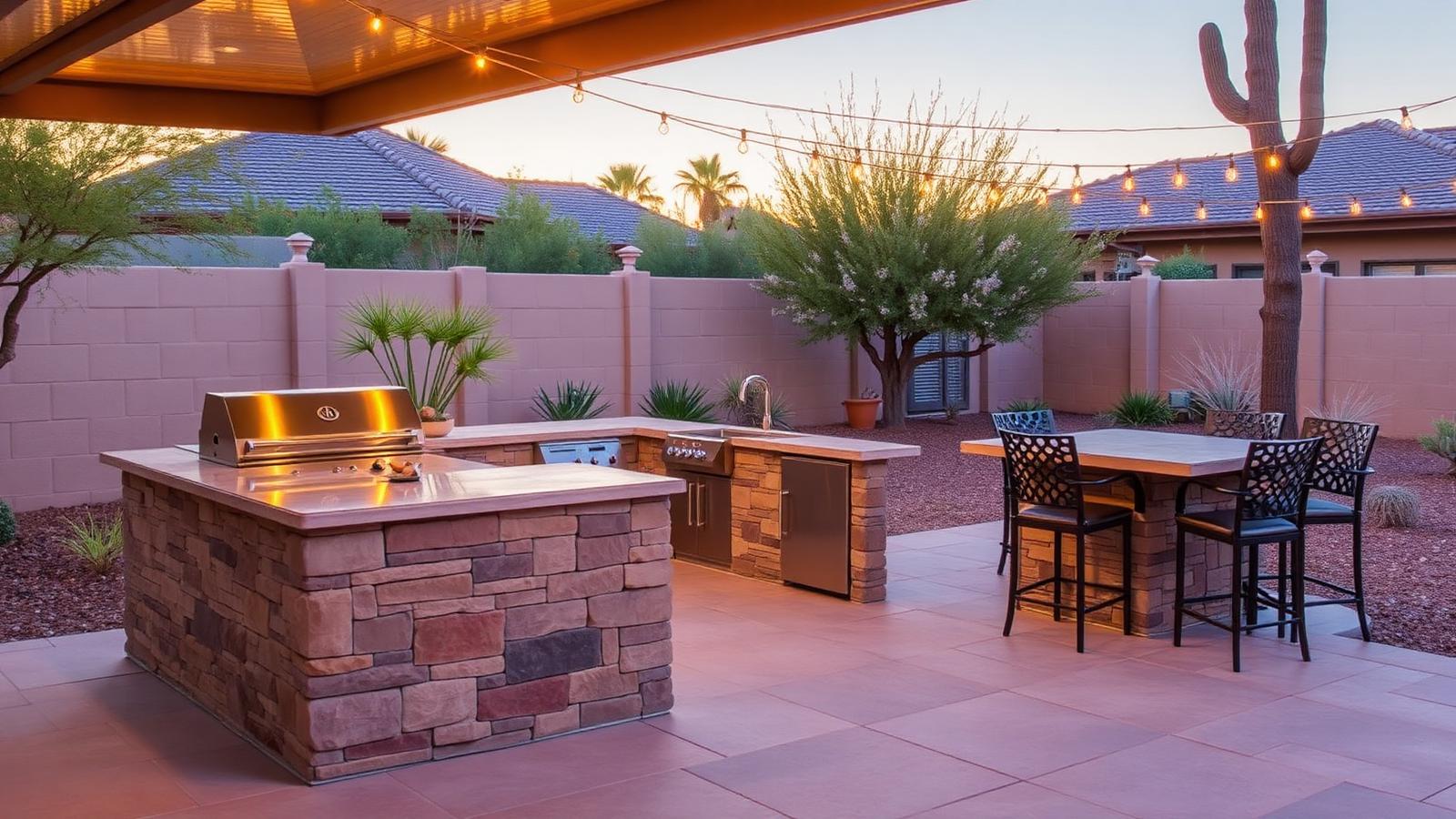 Stone outdoor kitchen island with built-in grill and bar seating on an El Paso patio