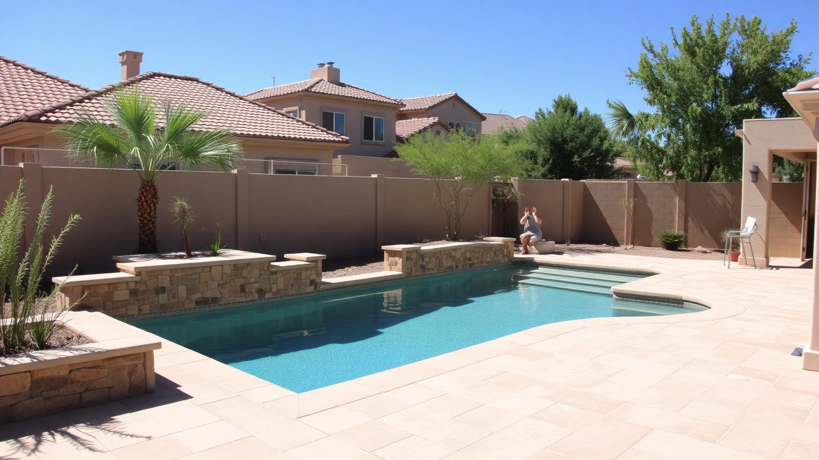 New swimming pool with stone coping and deck at an El Paso desert home