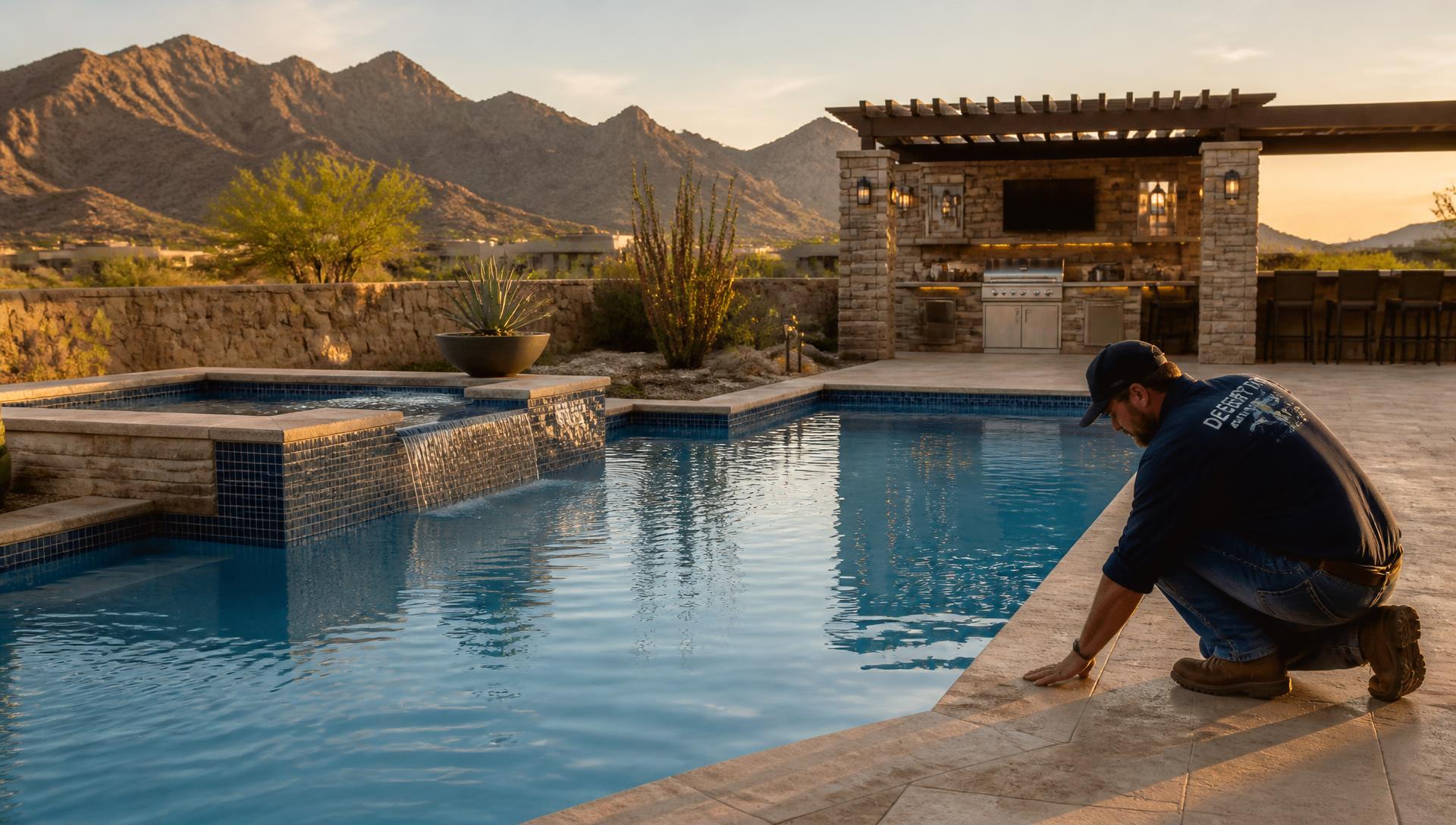 Newly built swimming pool with outdoor kitchen and pergola in an El Paso, TX desert backyard