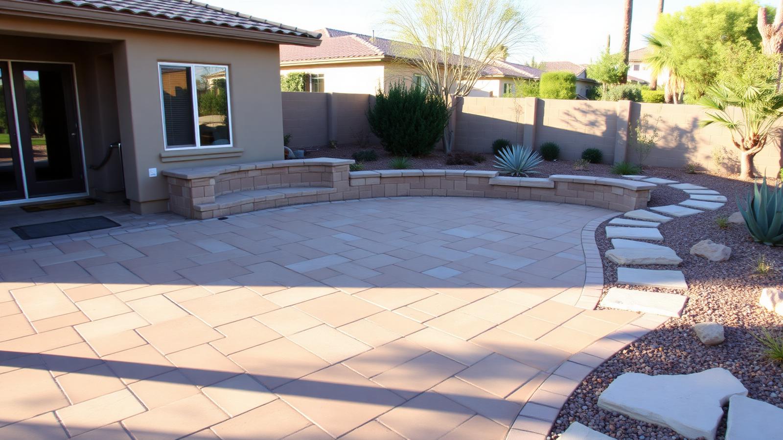 Paver patio and seat wall hardscape in an El Paso backyard