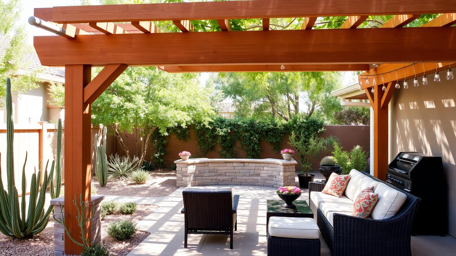 Cedar pergola shading a patio with seating at an El Paso home