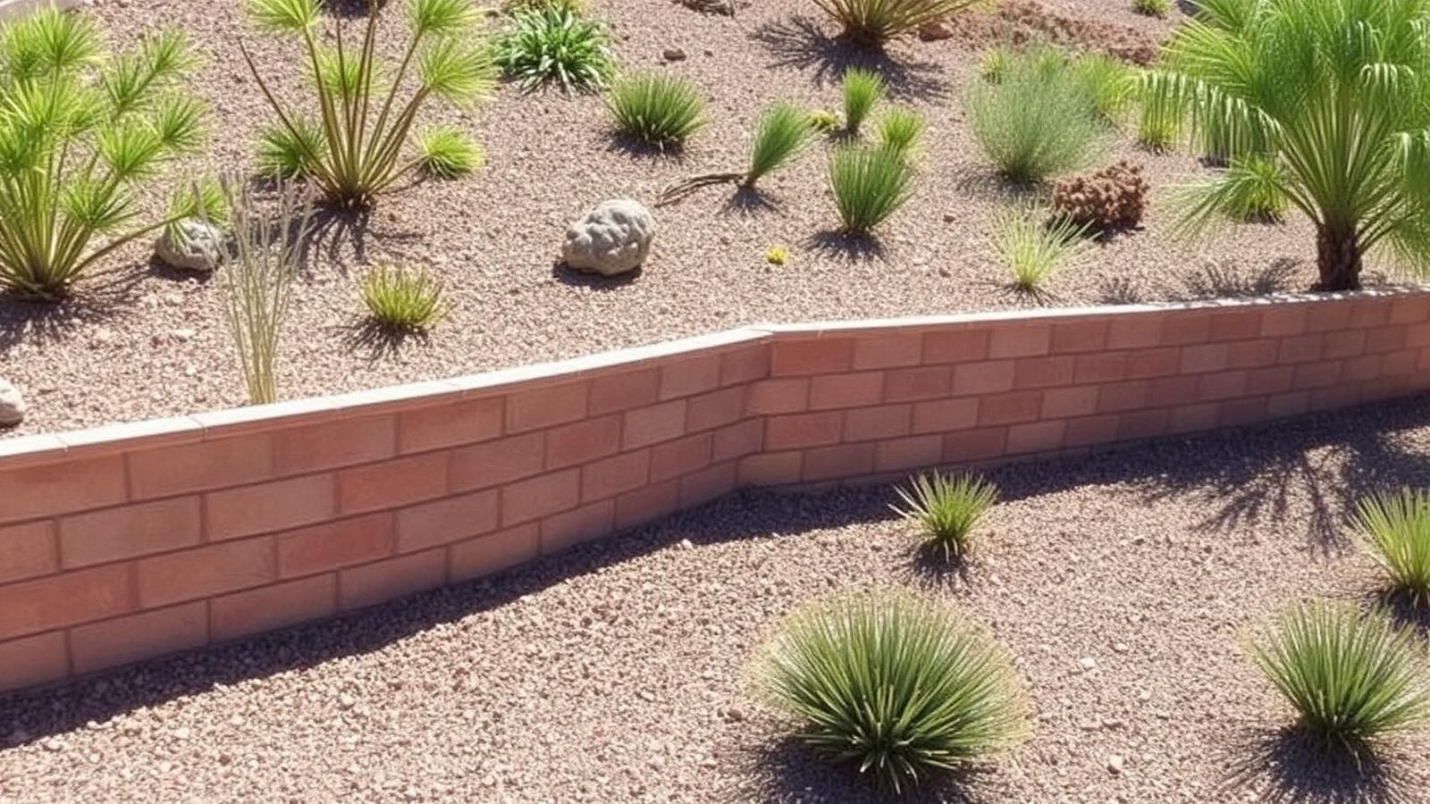 Block retaining wall terracing a sloped desert yard in El Paso