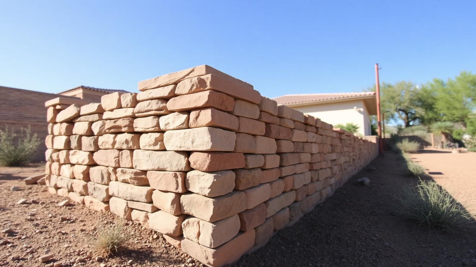 Newly built natural stone rock wall along a desert property line in El Paso