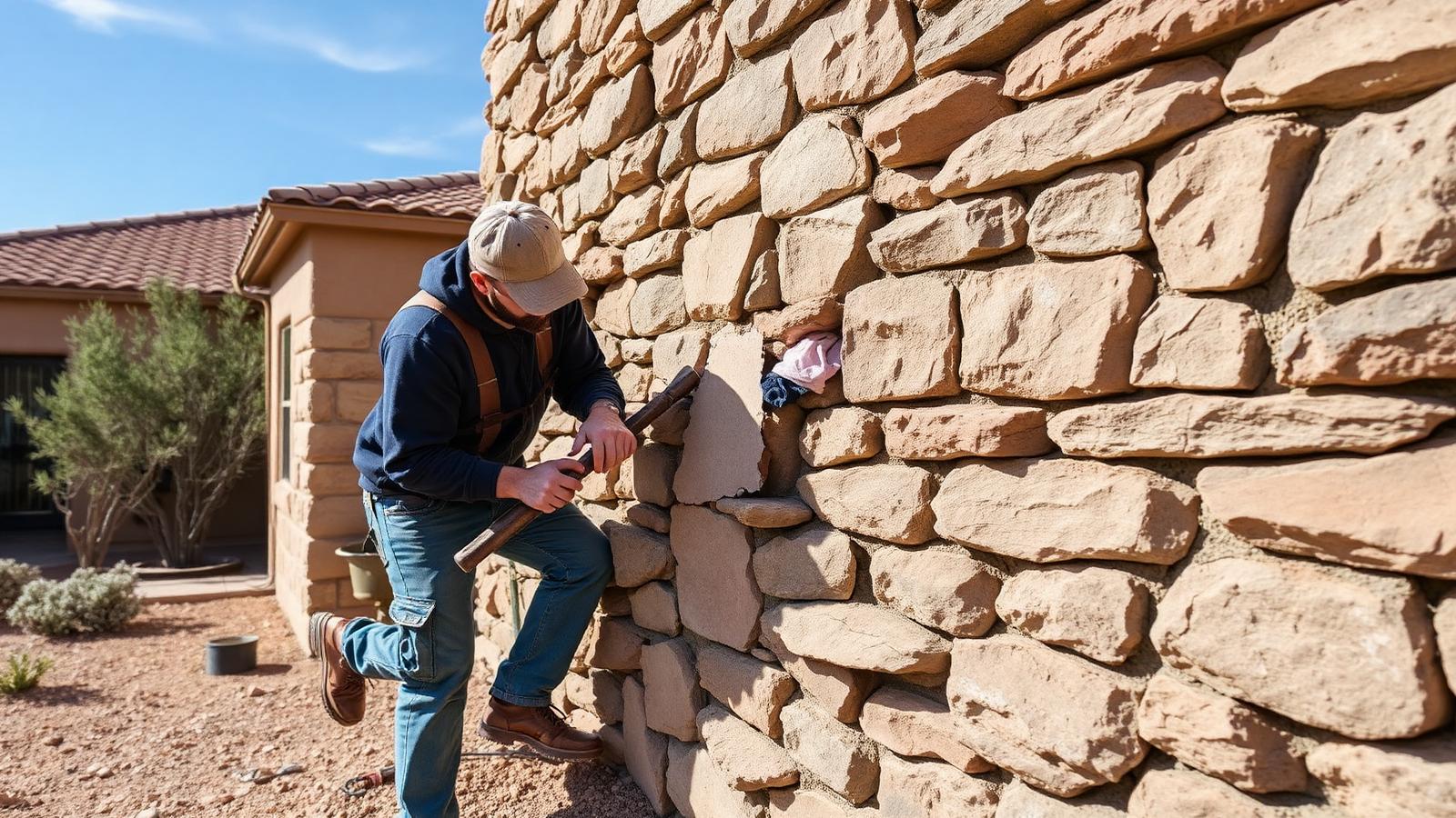 Mason repairing a cracked stone rock wall at an El Paso home